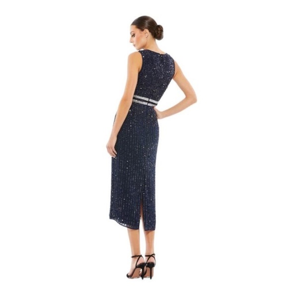NWT $398 Mac Duggal Sleeveless High Neck Beaded Midi Sheath Dress 10509 Midnight - Picture 4 of 4